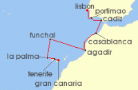 Cruise itinerary map for Azamara Cruises 10 Night Cruise Canary Islands & Morocco Cruise: Casablanca, La Palma & Tenerife (122975)