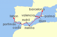 Cruise itinerary map for Norwegian Cruise Line 8 Night Mediterranean from Lisbon to Barcelona: Spain & Portugal (142985)