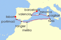 Cruise itinerary map for Crystal Cruises 9 Night Europe & Mediterranean - Lisbon To Barcelona (133905)