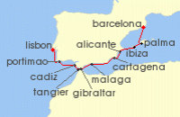 Cruise itinerary map for Oceania Cruises 10 Night Iberian & Moorish Legends Lisbon to Barcelona (127843)