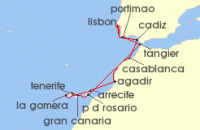 Cruise itinerary map for Azamara Cruises 15 Night Cruise Portugal, Morocco & Spain Cruise: Lisbon, Casablanca & Cadiz (129736)