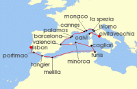 Cruise itinerary map for Crystal Cruises 18 Night Europe & Mediterranean - Lisbon To Civitavecchia Rome (133904)