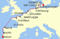 Cruise itinerary map for Azamara Cruises 13 Night Cruise Portugal, France & Germany Cruise: Porto, Honfleur & Hamburg (125131)