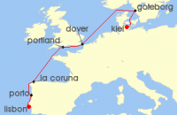Cruise itinerary map for AIDA 8 Nacht Westeuropa-Highlights von Lissabon nach Kiel (128410)
