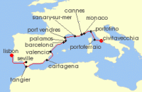 Cruise itinerary map for Windstar Cruises 16 Night Star Collector: Wonders of Andalusia, Provence & Tuscany (138487)