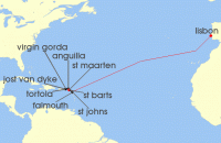 Cruise itinerary map for Windstar Cruises 21 Night Star Collector: Hearty Ports & Rum Punches - A Transatlantic Crossing (139368)