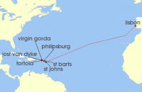 Cruise itinerary map for Windstar Cruises 19 Night Star Collector: Hearty Ports & Rum Punches - A Transatlantic Crossing (123980)