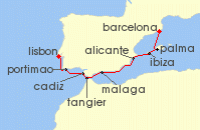 Cruise itinerary map for Regent Seven Seas Cruises 9 Night Prestige Of Portugal Lisbon To Barcelona (136304)