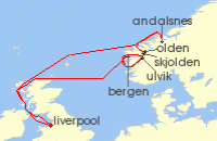 Cruise itinerary map for Fred Olsen Cruise Lines 10 Night Fjords, Mountains & Glaciers of Norway (132305)