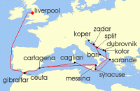Cruise itinerary map for Fred Olsen Cruise Lines 26 Night Adriatic Discovery with Croatia (139017)