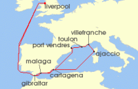 Cruise itinerary map for Fred Olsen Cruise Lines 16 Night Exploring the French Riviera (132306)