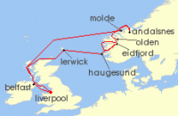 Cruise itinerary map for Ambassador Cruise Line 13 Night Springtime Fjordland (126838)