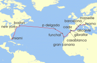 Cruise itinerary map for MSC Cruises 24 Night MSC Grand Voyages (137850)