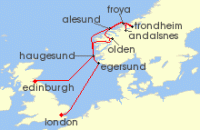Cruise itinerary map for Windstar Cruises 10 Night Endless Days in Norway (129402)
