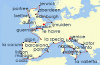 Cruise itinerary map for Oceania Cruises 42 Night Grand Europe Holiday London to Venice (126084)