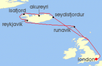 Cruise itinerary map for Ambassador Cruise Line 12 Night Glaciers, Geysers & Waterfalls Of Iceland (135667)