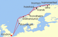 Cruise itinerary map for Ambassador Cruise Line 16 Night Norways Land Of The Northern Lights (126125)