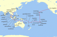 Cruise itinerary map for Oceania Cruises 74 Night Southern Seas Saga Los Angeles to Hong Kong (136388)