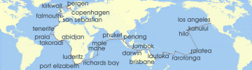 Cruise itinerary map for Silversea Cruises 149 Night Los Angeles, California To Copenhagen (127726)