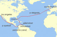 Cruise itinerary map for Cunard Line 25 Night Los Angeles To Southampton (126047)