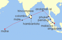 Cruise itinerary map for Crystal Cruises 16 Night Africa & Indian Ocean - Mahe To Singapore (135641)
