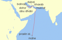 Cruise itinerary map for Silversea Cruises 17 Night Mahe To Dubai (132507)