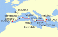 Cruise itinerary map for Star Clippers 15 Night Malaga To Athens (142657)