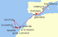 Cruise itinerary map for P & O Cruises 18 Night New Year In Spain And Canary Islands (129264)