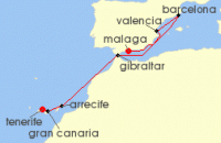 Cruise itinerary map for P & O Cruises 11 Night New Year In Spain And Canary Islands (129263)