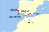Cruise itinerary map for Azamara Cruises 7 Night Cruise Spain & Portugal Cruise: Malaga, Seville & Lisbon (140553)