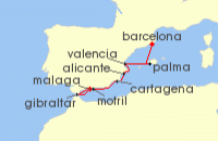 Cruise itinerary map for Azamara Cruises 7 Night Cruise Spain Intensive Cruise: Malaga, Valencia & Barcelona (134442)