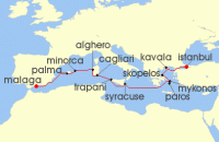 Cruise itinerary map for Hapag Lloyd 14 Night Deluxe Mediterranean Island-Hopping (Malaga - Istanbul) (143193)