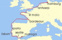Cruise itinerary map for Hapag Lloyd 15 Night On Western Europes Most Beautiful Rivers (Malaga - Hamburg) (120322)