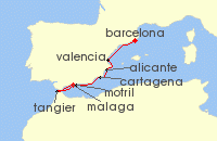 Cruise itinerary map for Azamara Cruises 7 Night Cruise Spain Intensive: Malaga, Valencia & Barcelona (129747)