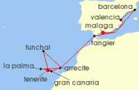 Cruise itinerary map for P & O Cruises 18 Night New Year In Spain And Canary Islands (141397)