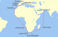 Cruise itinerary map for Costa Cruises 36 Night Ocean Cruises from Marseilles (129273)