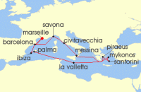 Cruise itinerary map for Costa Cruises 16 Night Eastern Mediterranean from Marseilles (143270)