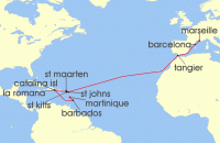 Cruise itinerary map for MSC Cruises 19 Night MSC Grand Voyages (140100)