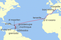 Cruise itinerary map for MSC Cruises 19 Night MSC Grand Voyages (141665)