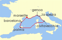 Cruise itinerary map for MSC Cruises 7 Night Mediterranean (135792)