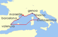 Cruise itinerary map for MSC Cruises 7 Night Mediterranean (130073)
