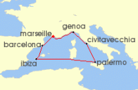 Cruise itinerary map for MSC Cruises 7 Night Mediterranean (130842)