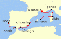 Cruise itinerary map for MSC Cruises 10 Night Mediterranean (94644)