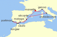 Cruise itinerary map for MSC Cruises 10 Night Mediterranean (142072)