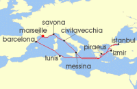 Cruise itinerary map for Costa Cruises 14 Night Eastern Mediterranean from Marseilles (128077)