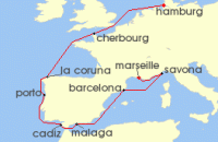 Cruise itinerary map for Costa Cruises 12 Night Ocean Cruises from Marseilles (143347)