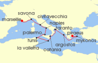 Cruise itinerary map for Costa Cruises 11 Night Eastern Mediterranean from Marseilles (128469)
