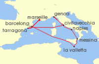 Cruise itinerary map for MSC Cruises 10 Night Mediterranean (137824)