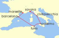 Cruise itinerary map for Costa Cruises 6 Night Western Mediterranean from Marseilles (141632)