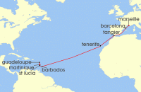Cruise itinerary map for Costa Cruises 15 Night Ocean Cruises from Martinique (129825)